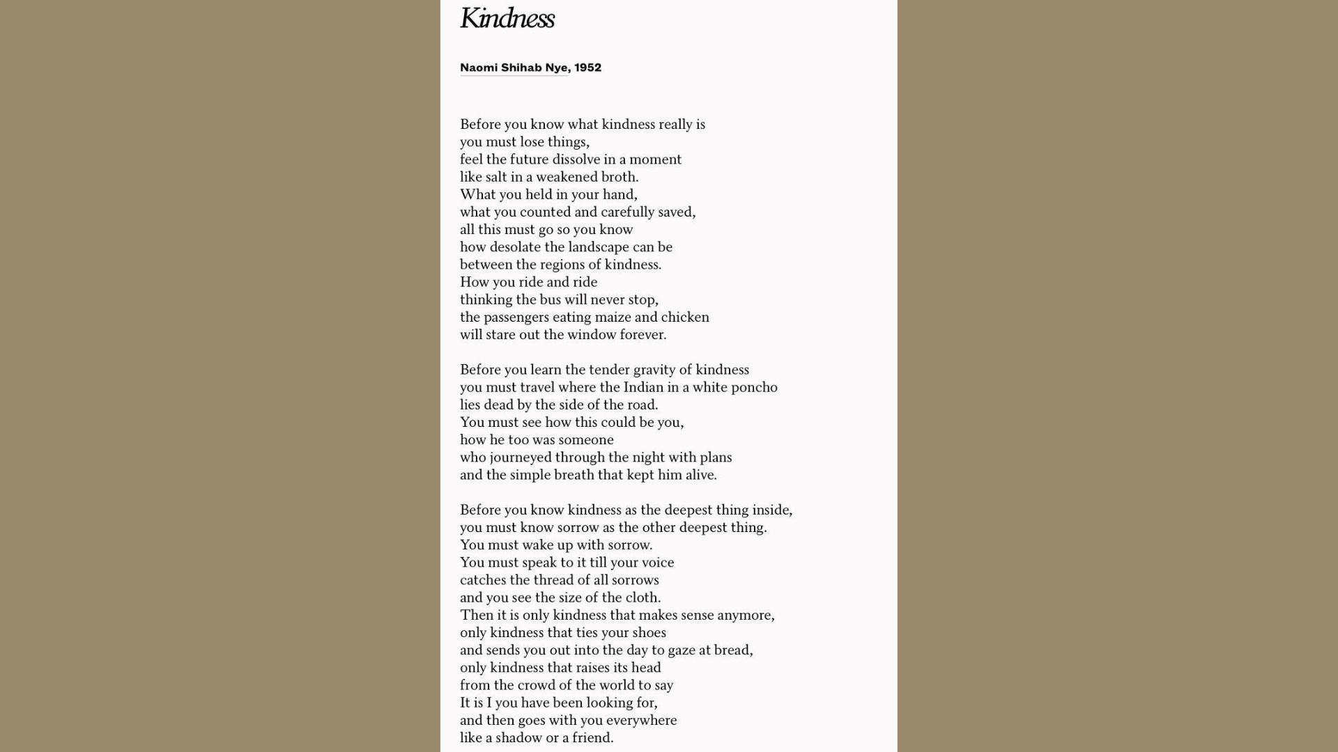 Full text of Naomi Shihab Nye’s poem Kindness on beige background.