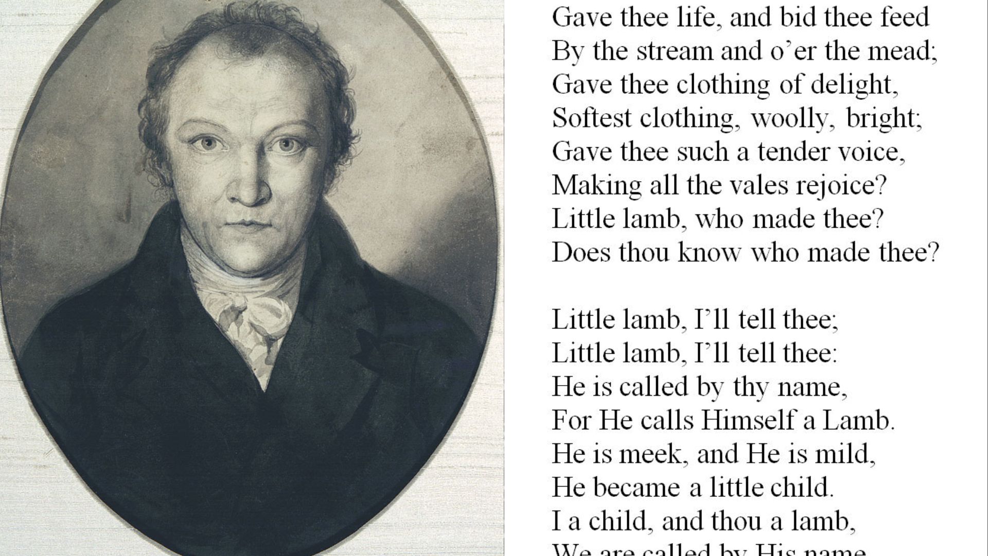 Portrait of William Blake beside an excerpt from his poem "The Lamb."