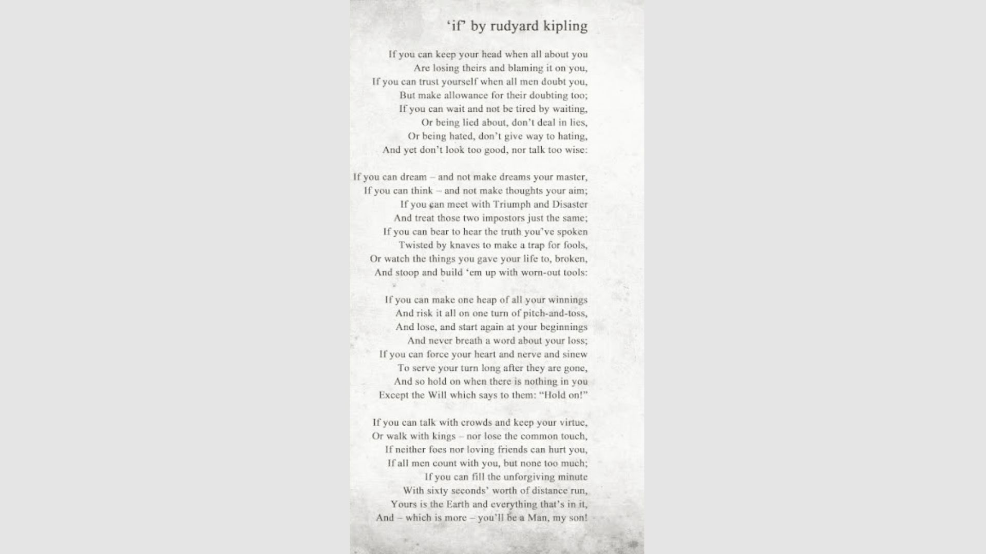 Rudyard Kipling’s poem “IF-” printed in black serif font on vintage parchment-style paper.