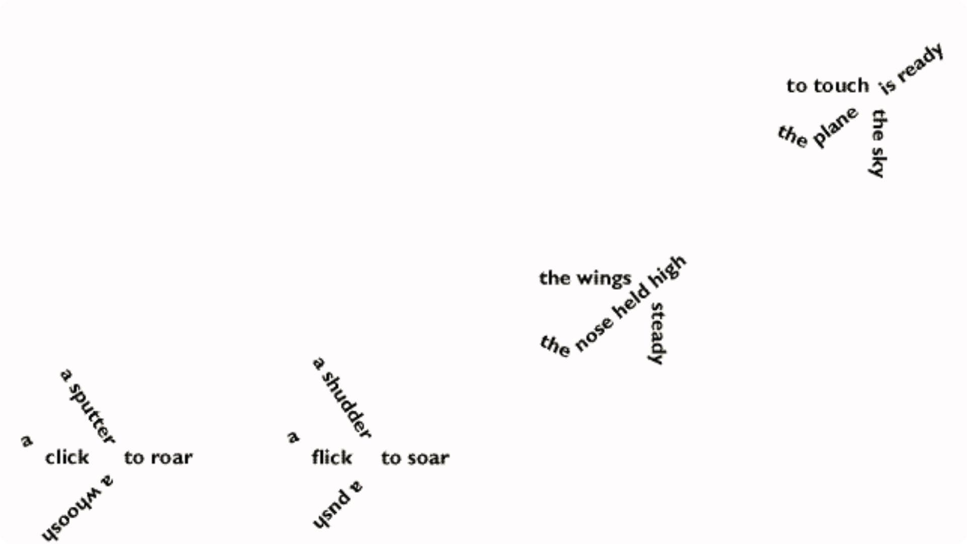 Plane-shaped concrete poem with scattered text like "wings" and "sky" beside smiling man in hat.