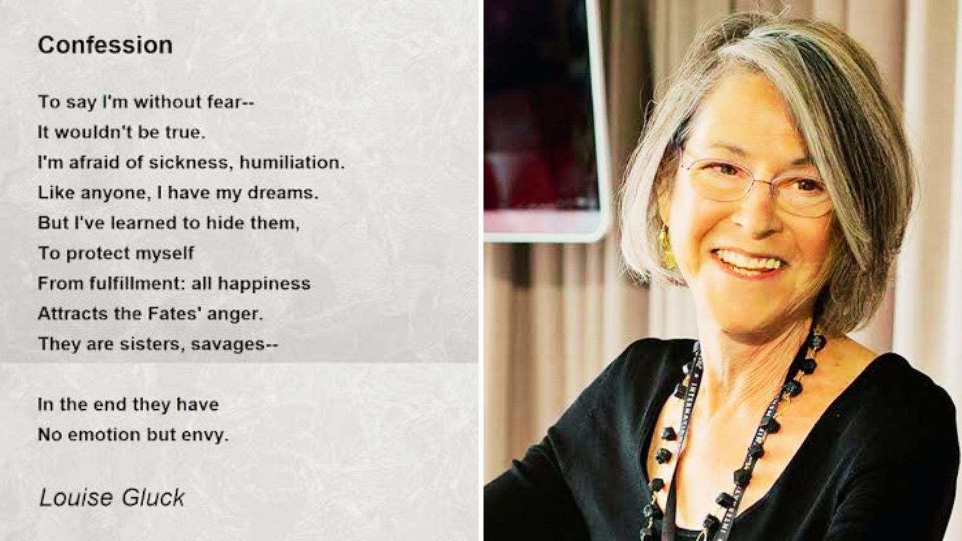 Louise Glück's poem "Confession" appears beside a smiling photo of the poet wearing glasses and a black top.