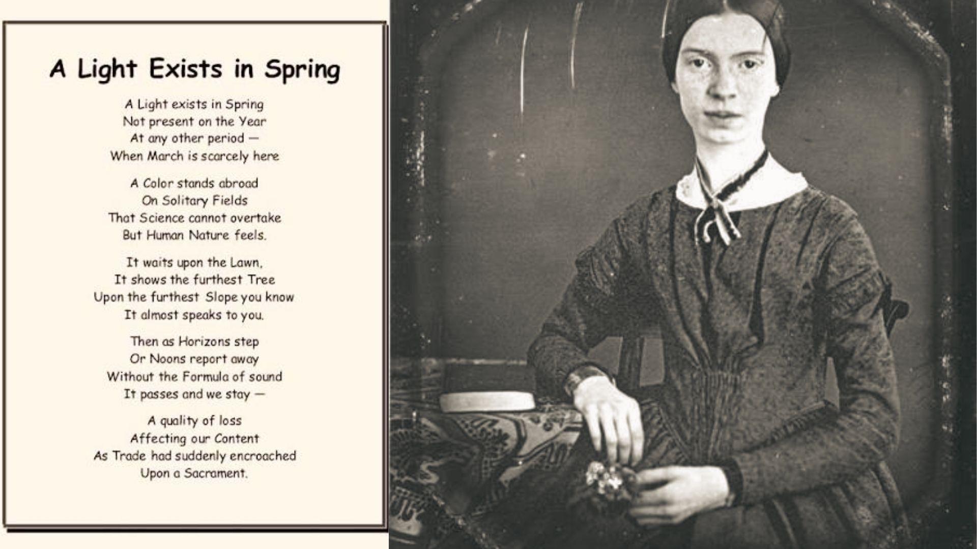 Emily Dickinson daguerreotype beside 'A Light Exists in Spring' poem written in quatrain stanzas format.