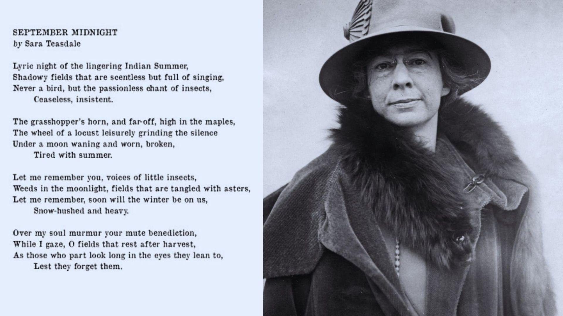 Split view of September Midnight poem text and author Sara Teasdale photograph.