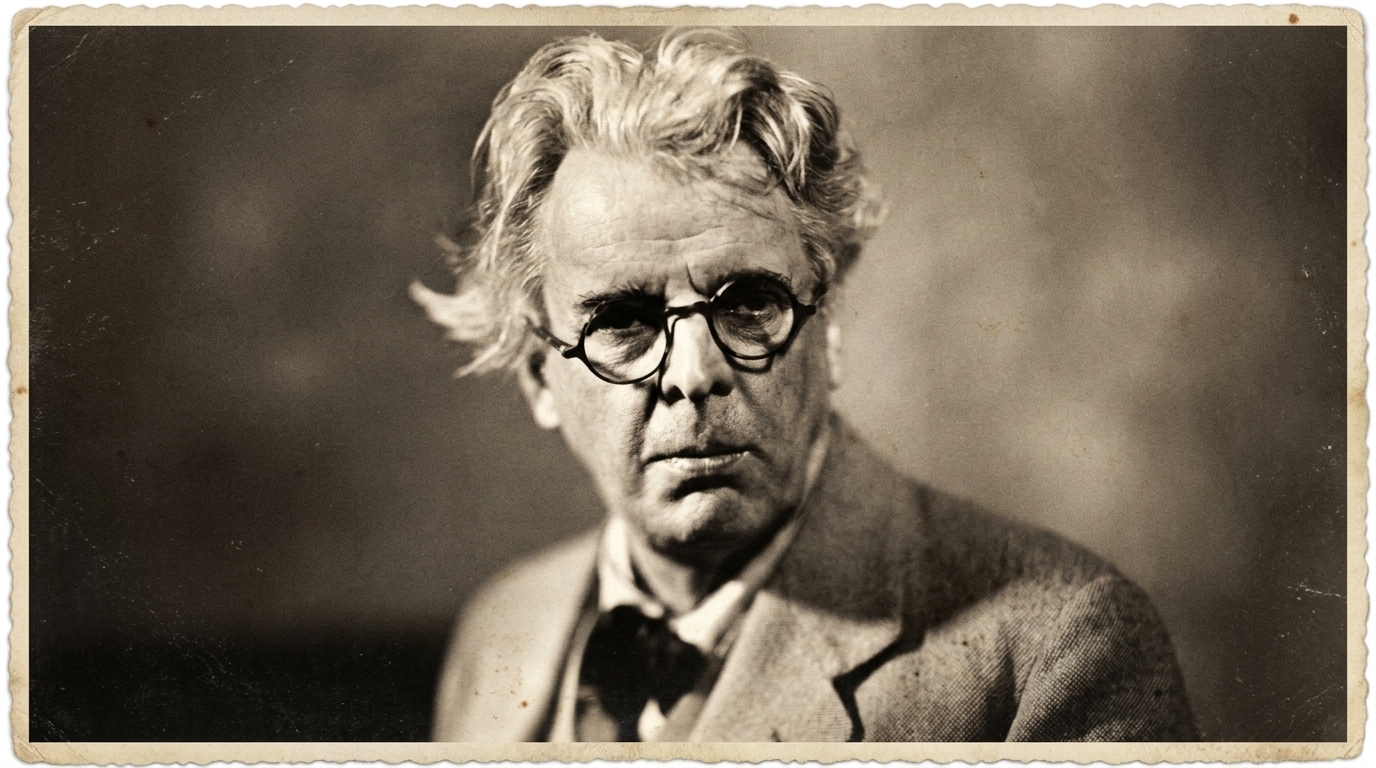 Vintage style portrait of poet W.B. Yeats wearing round glasses and a suit.