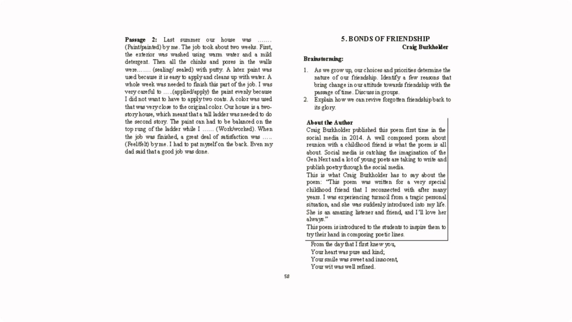 Textbook page showing 'Bonds of Friendship' quatrain poem by Craig Burkholder with grammar passage beside.