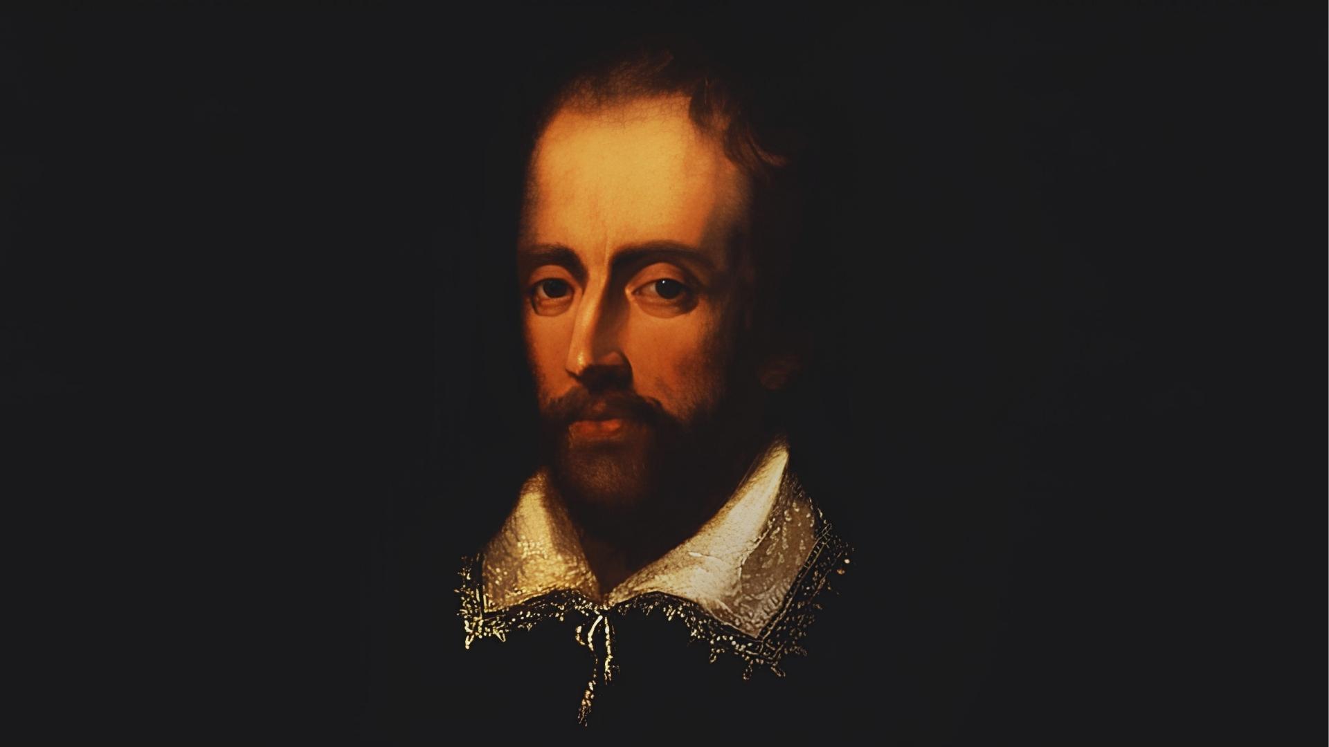 Dramatic portrait of Edmund Spenser in Elizabethan ruff collar and dark clothing against black background.