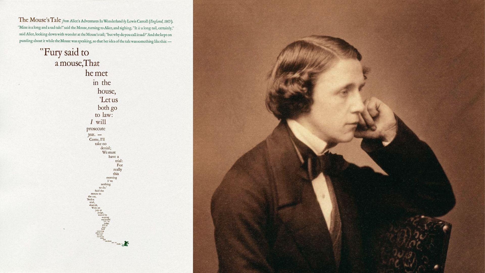 Lewis Carroll's "The Mouse's Tale" poem shaped as a tail next to a sepia author portrait.