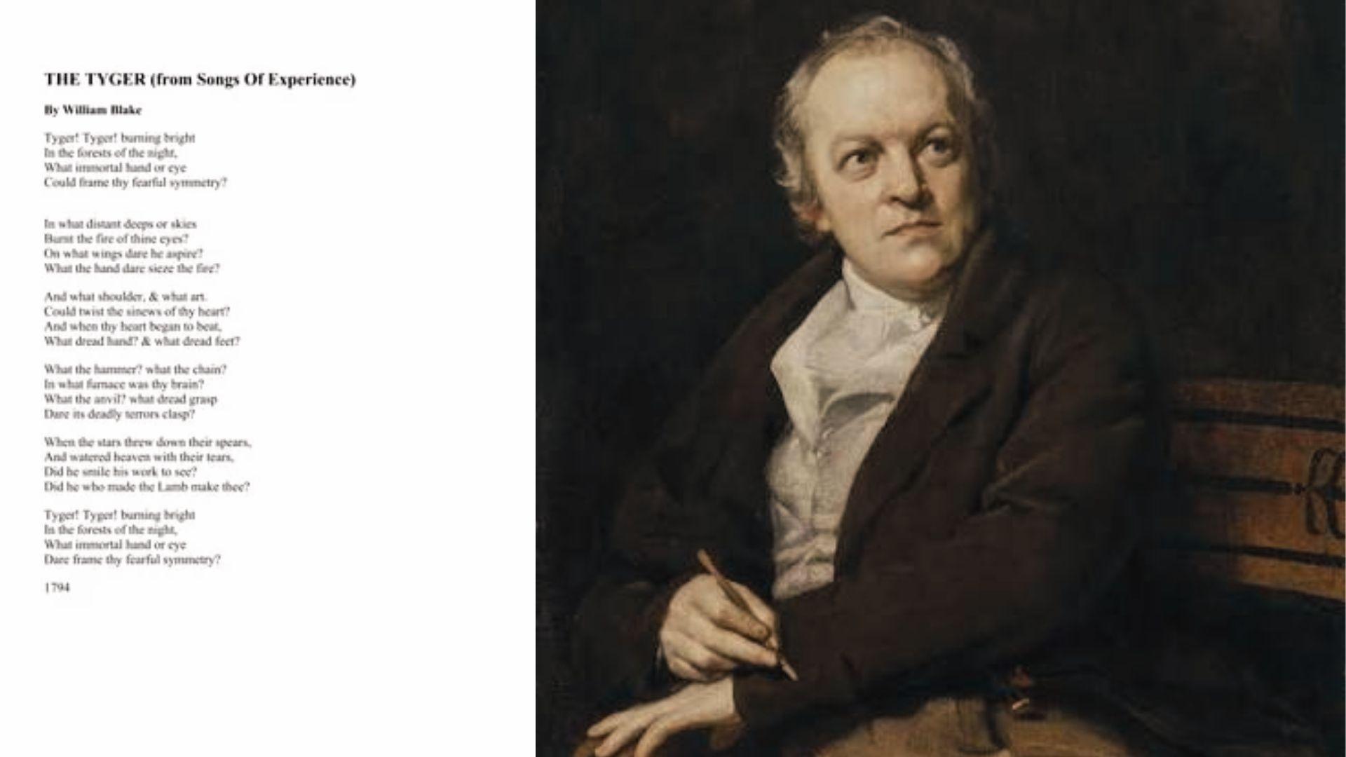 William Blake portrait beside text of 'The Tyger' quatrain poem from Songs of Experience, 1794.