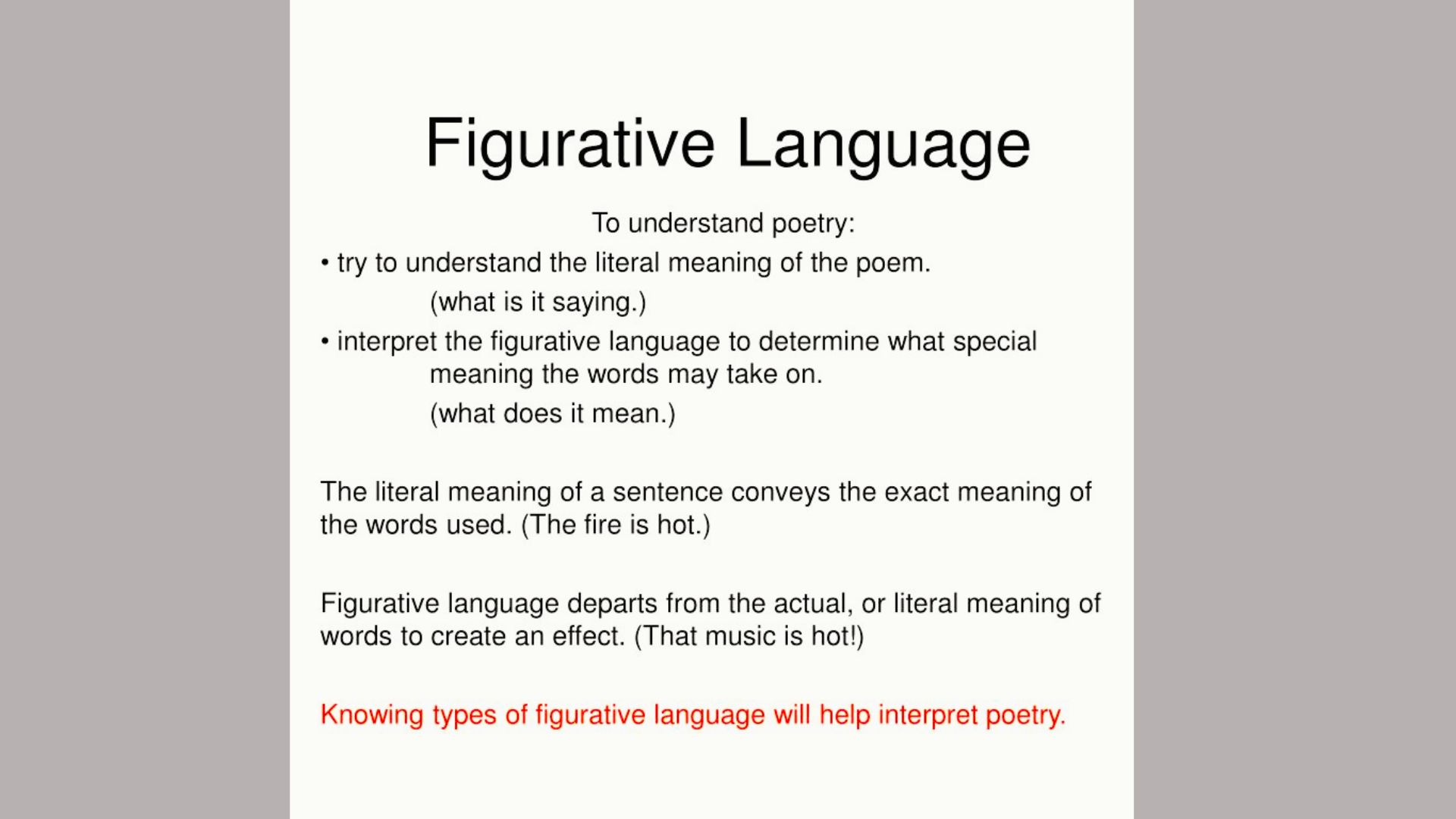 White slide with black text contrasting literal meaning versus figurative language in poetry.