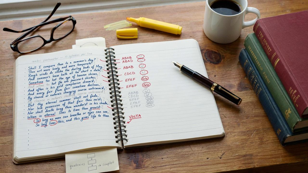 Notebook explaining the essential rules and structure of a sonnet.