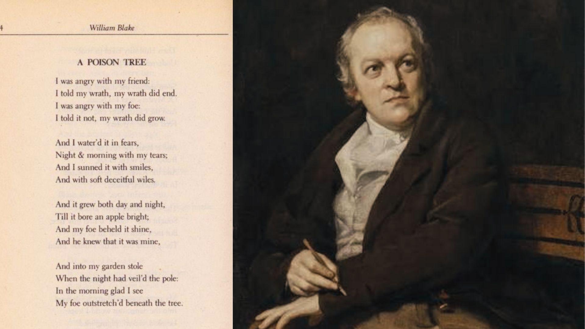 William Blake painted a portrait beside the book page of his poem 'A Poison Tree' in quatrains.