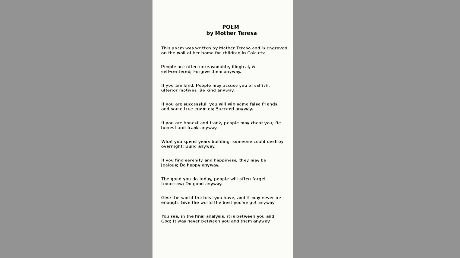 Black serif text of the inspirational poem "Do It Anyway" on a white gradient background.