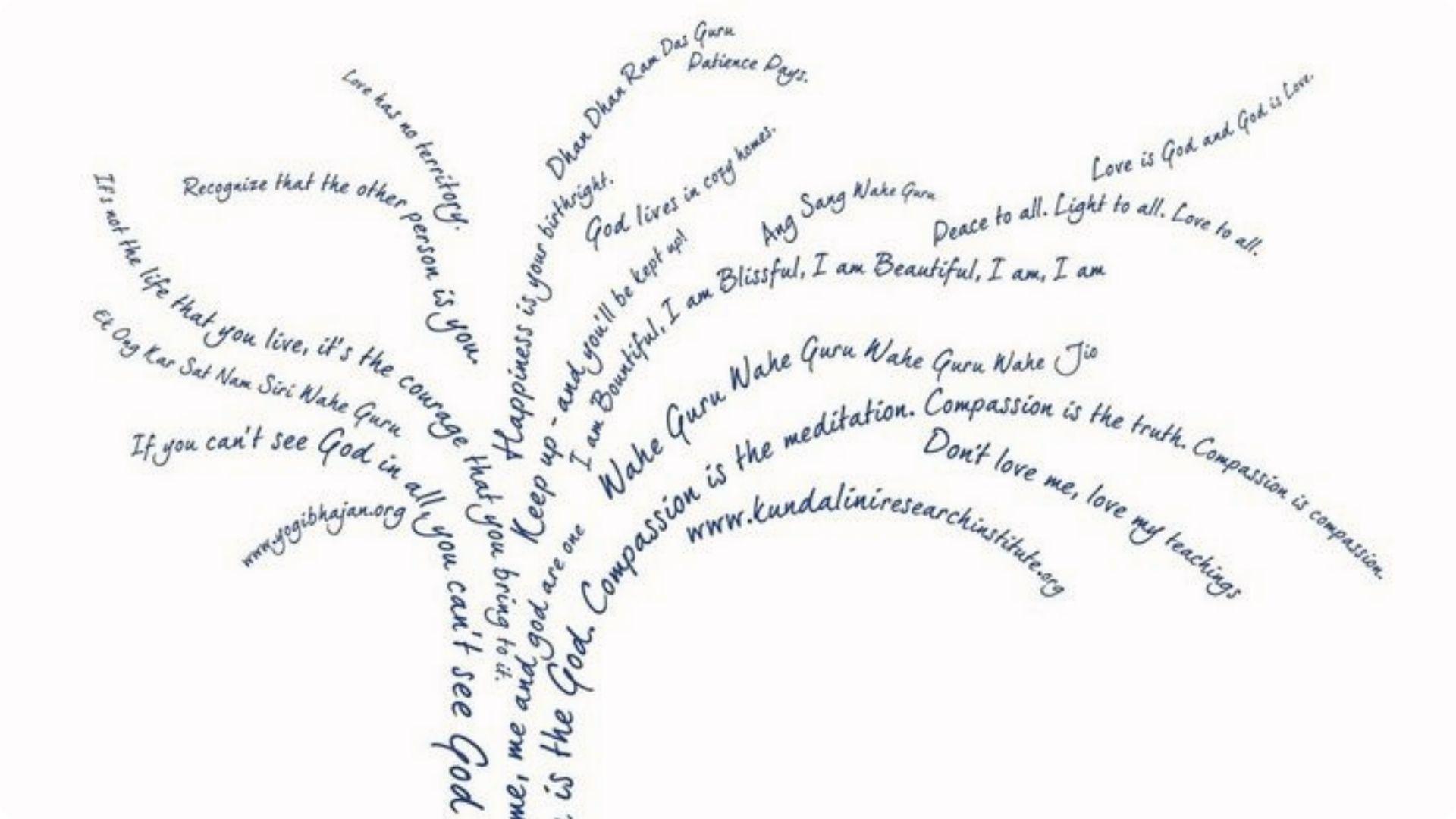 Tree-shaped concrete poem with spiritual text as branches beside smiling woman with glasses.