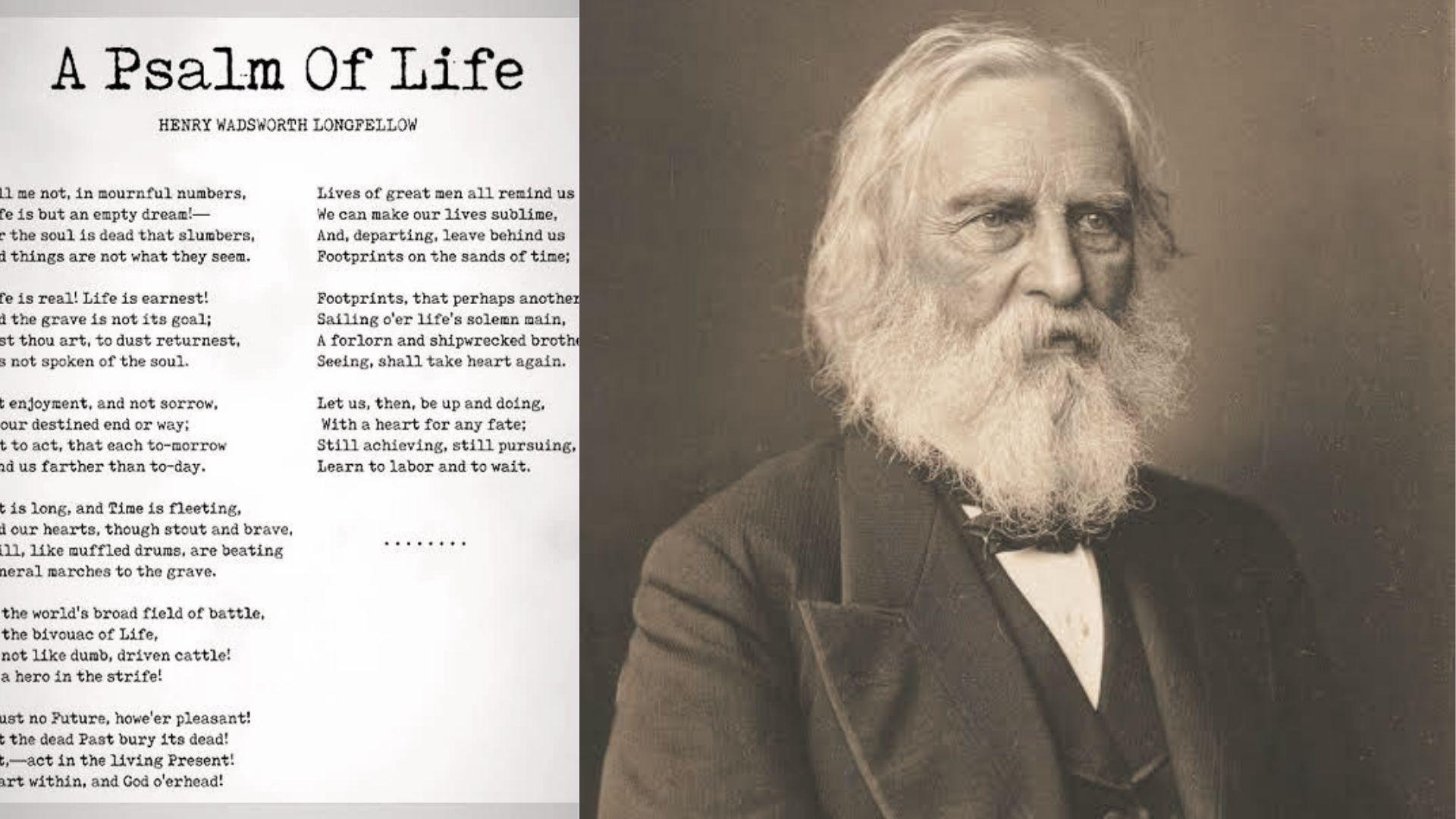 Longfellow sepia portrait beside text of 'A Psalm Of Life' poem with multiple quatrain stanzas.