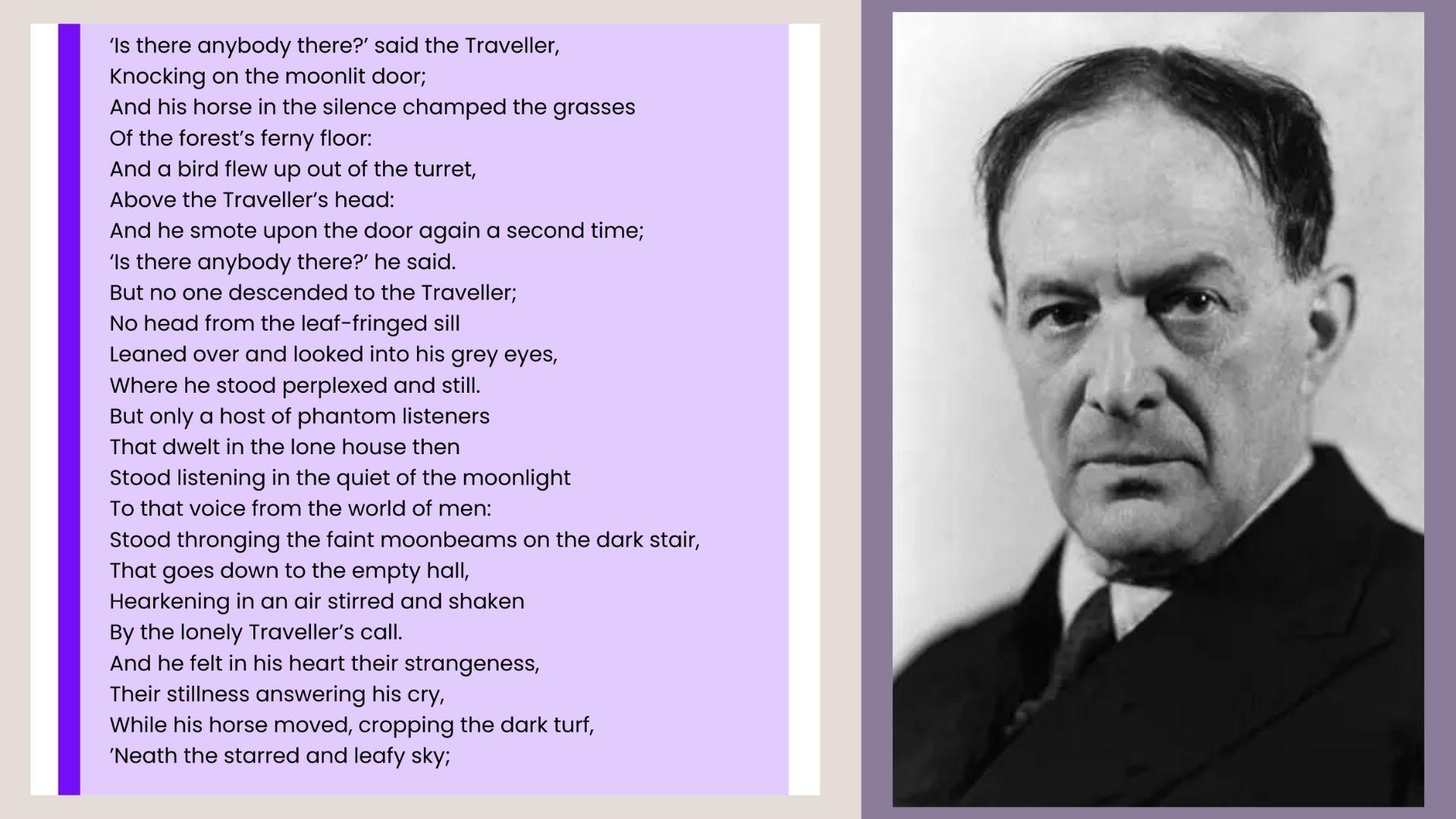 This featured image showcasingThe Listenerspoem text beside portrait of poet Walter de la Mare.