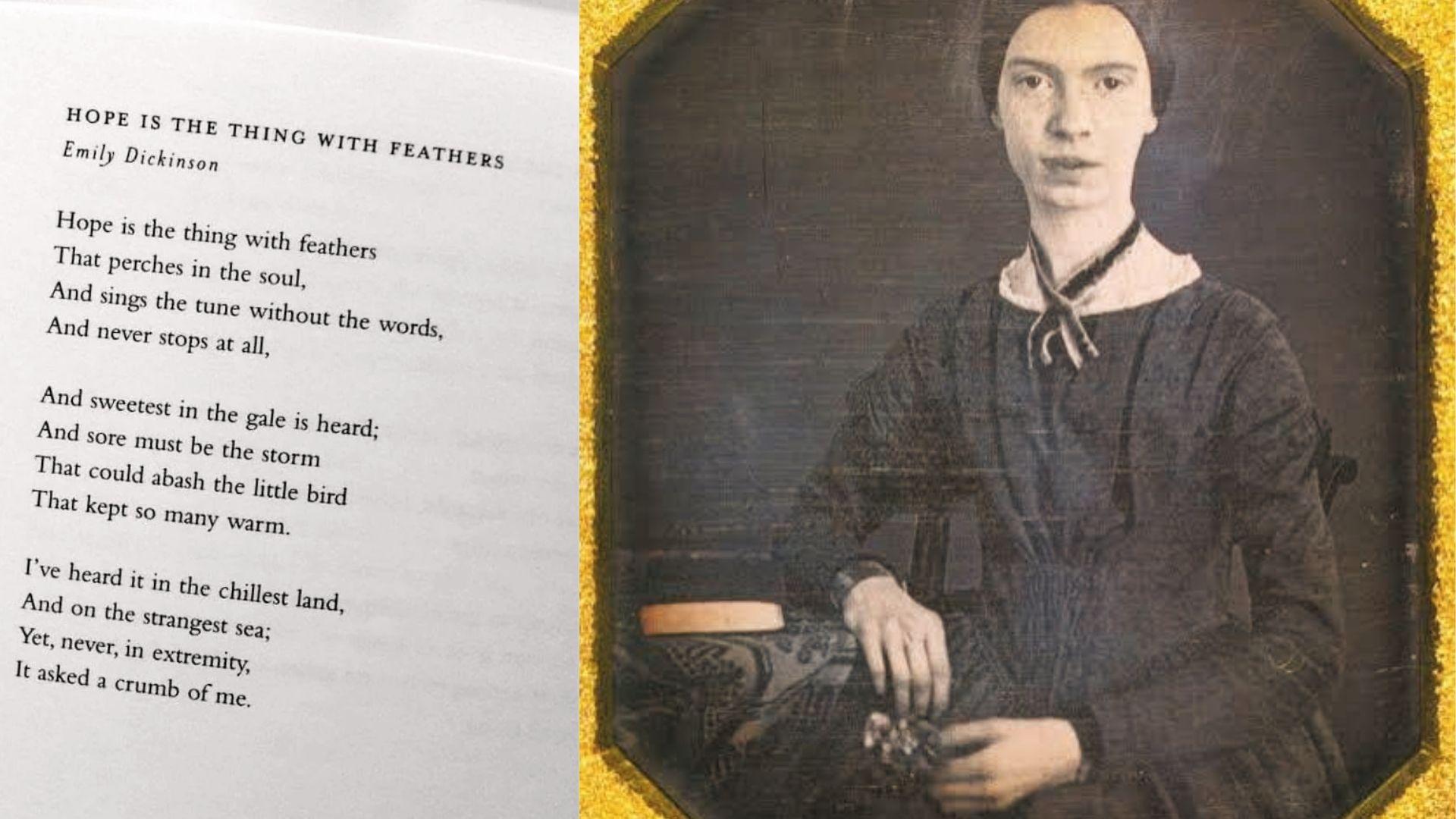 Emily Dickinson daguerreotype in gold frame next to her 'Hope is the thing with feathers' quatrain.