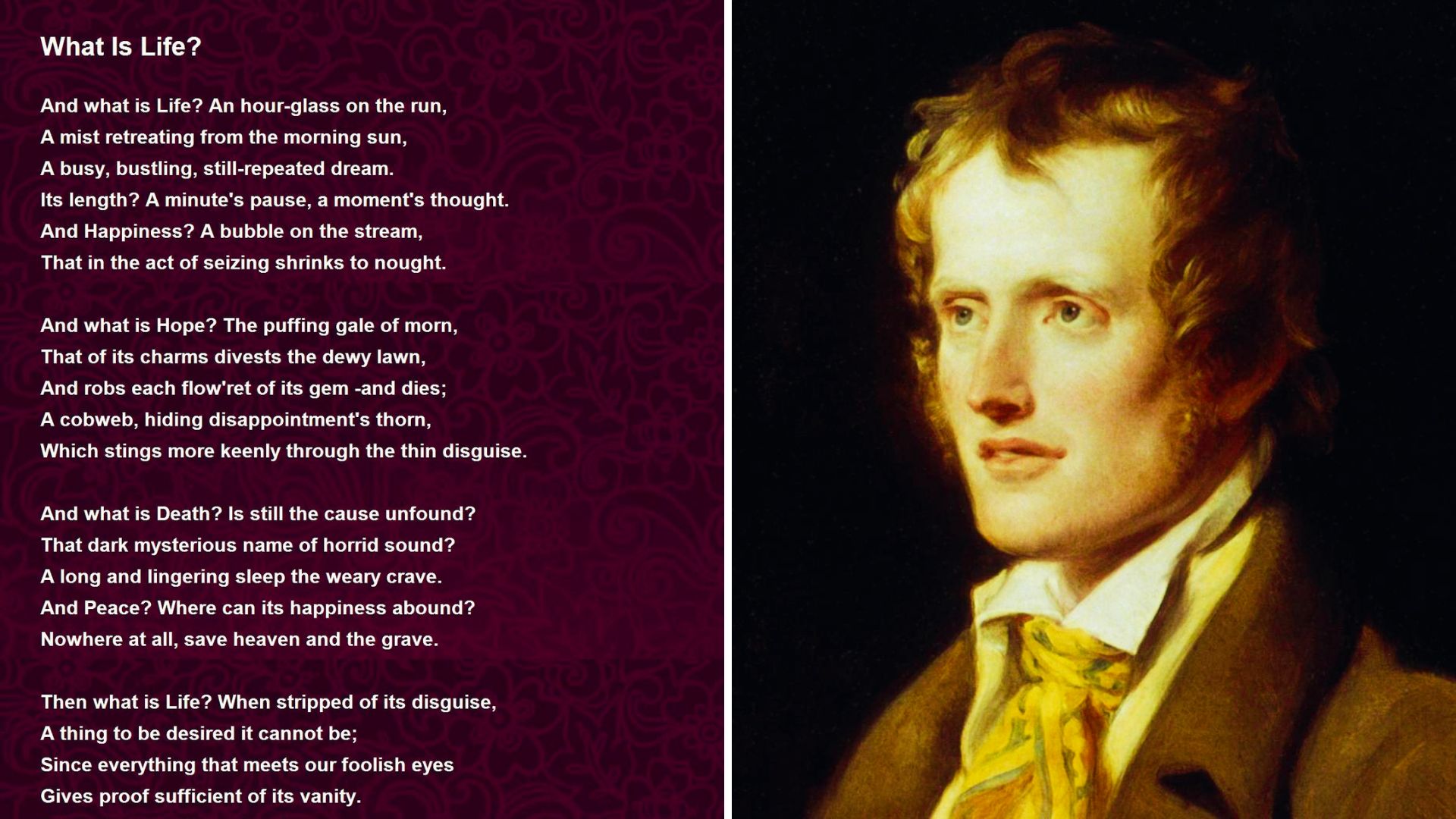 John Clare's "What Is Life?" poem on a deep maroon background alongside his painted portrait.