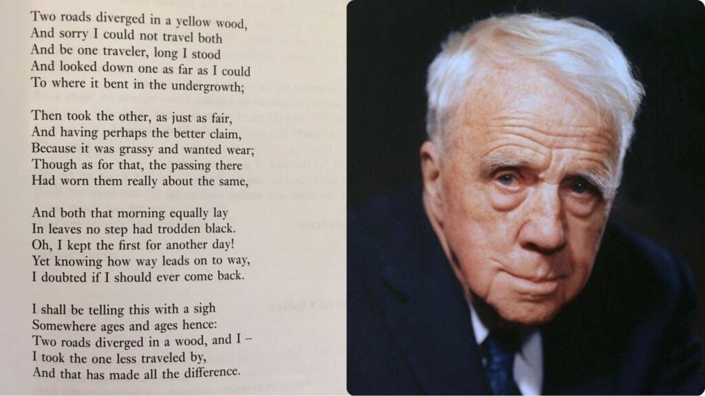 Split-view collage of the poem “The Road Less Traveled” and the poet Robert Frost.