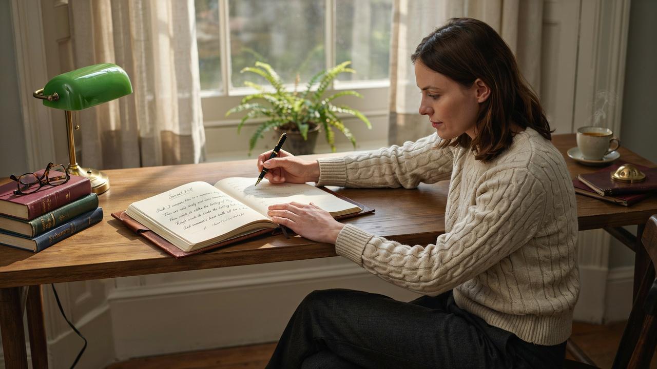Writer composing a sonnet in a notebook with classic poetry books on a desk.