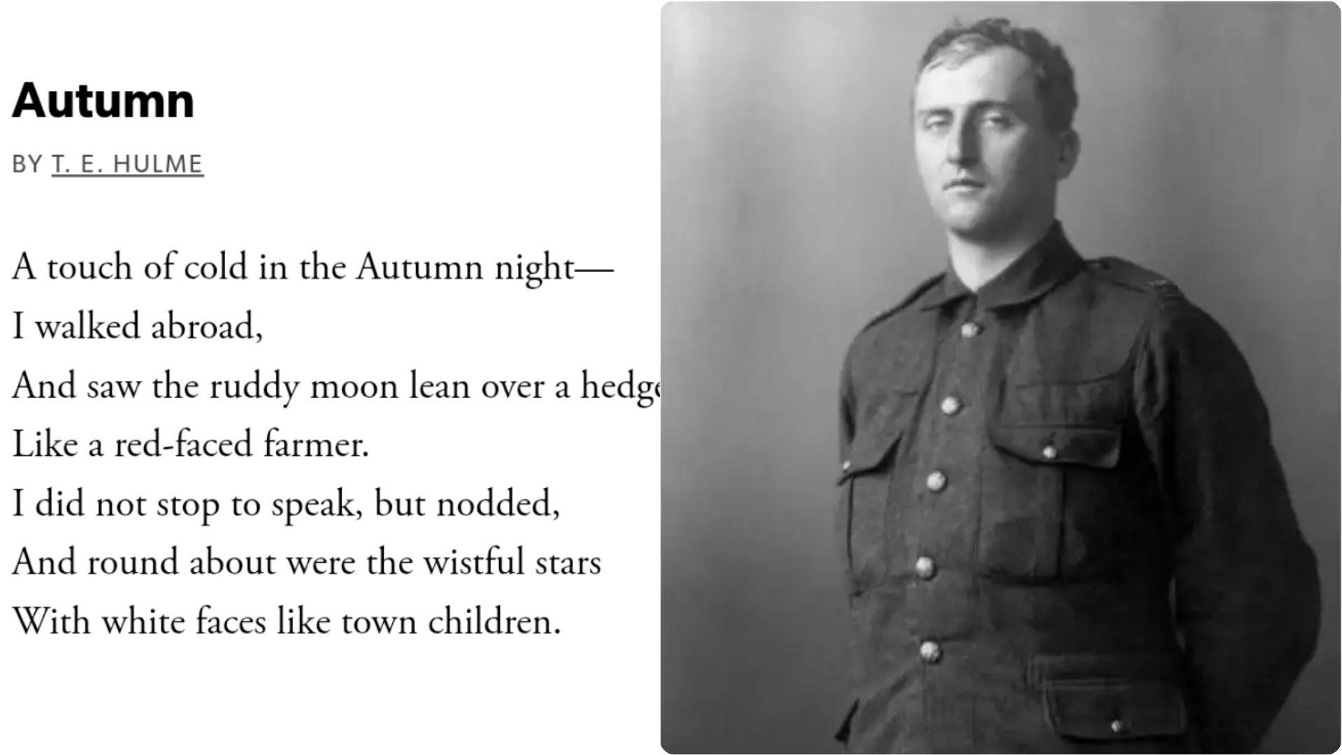 Split view of Autumn poem text and author T.E. Hulme photograph.