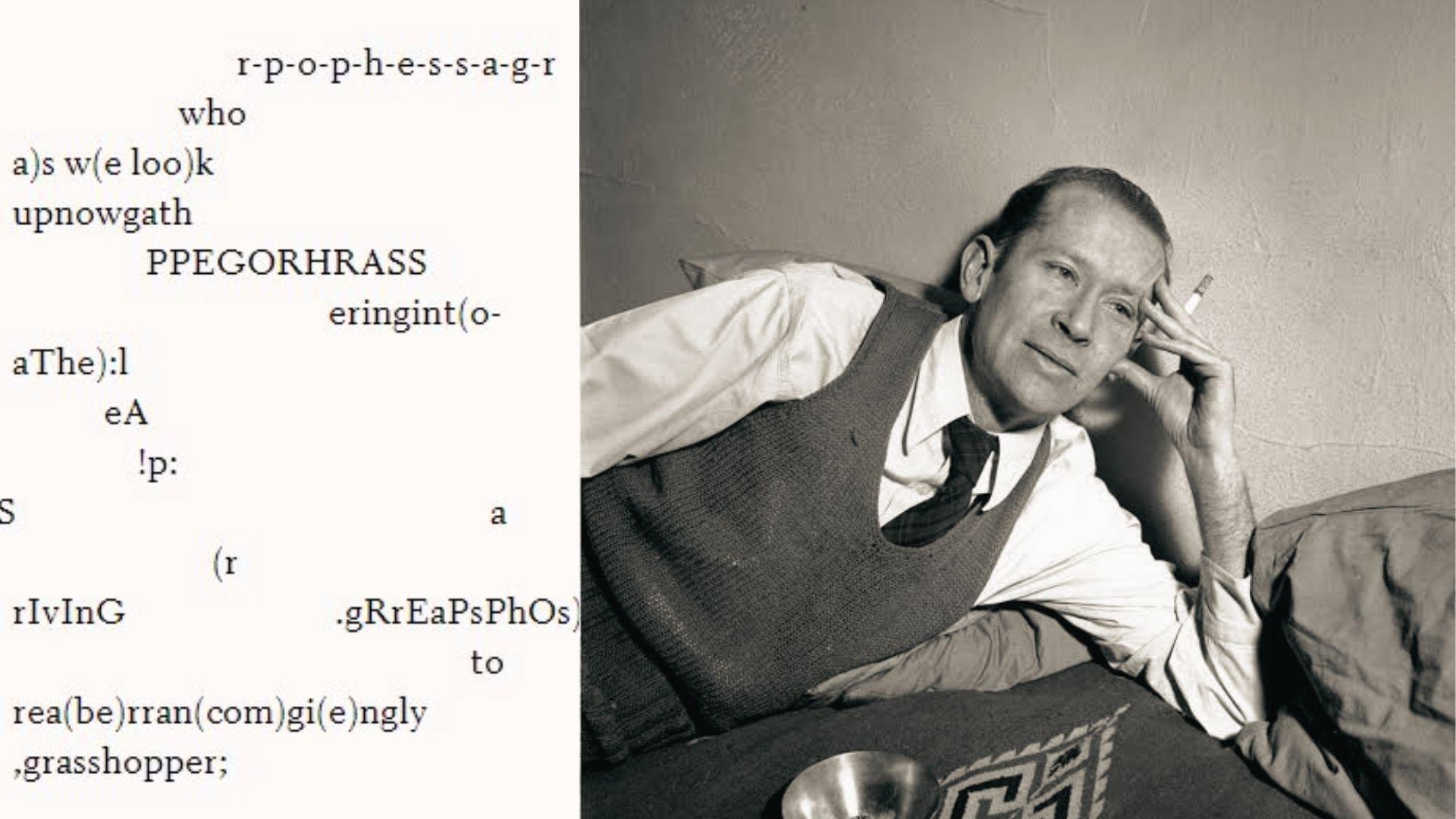 E.E. Cummings grasshopper poem with scattered text mimicking leap next to poet photo.