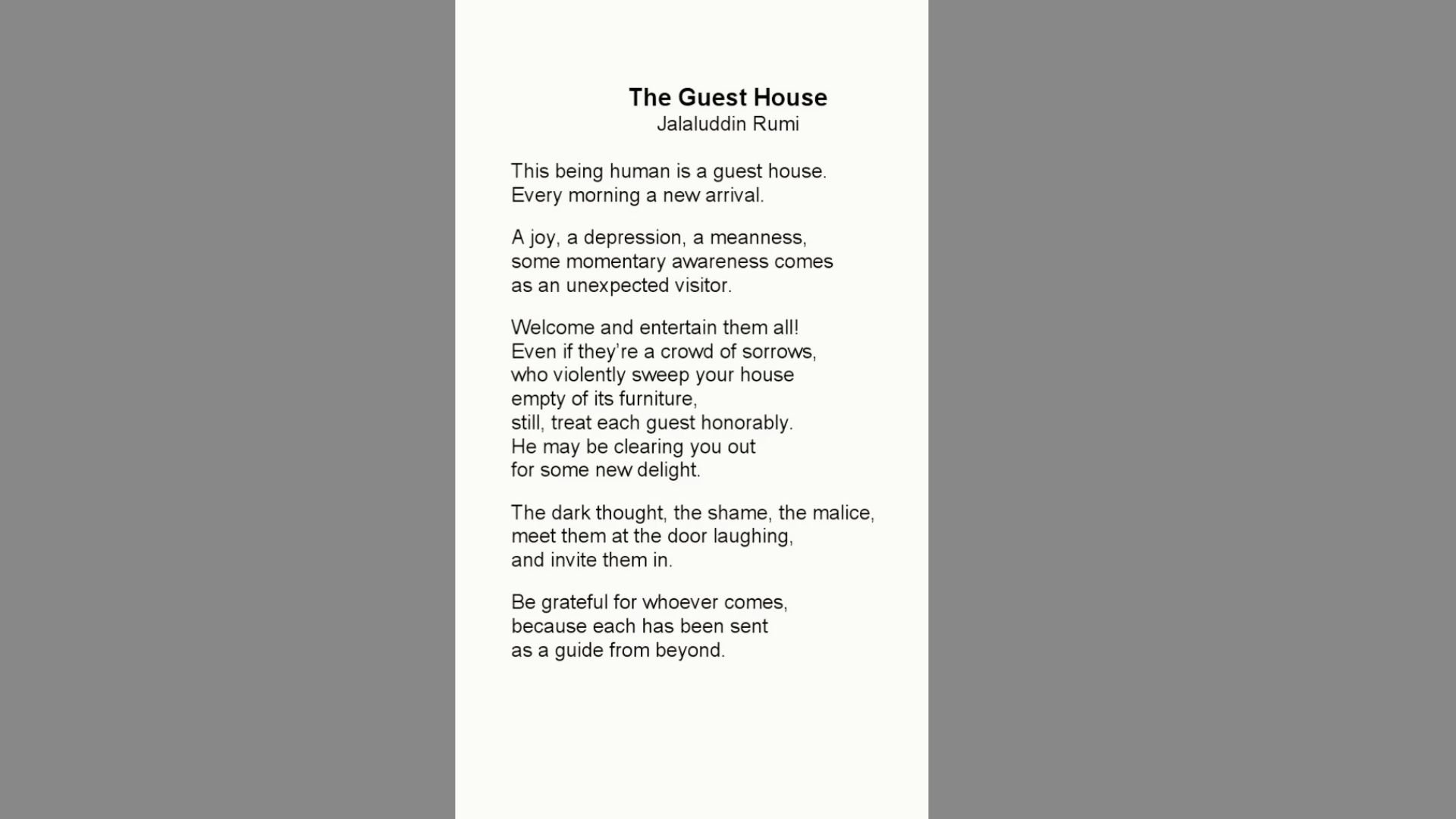 Rumi’s poem “The Guest House” in white serif text over a dark, starry night sky background with an orange floral divider.