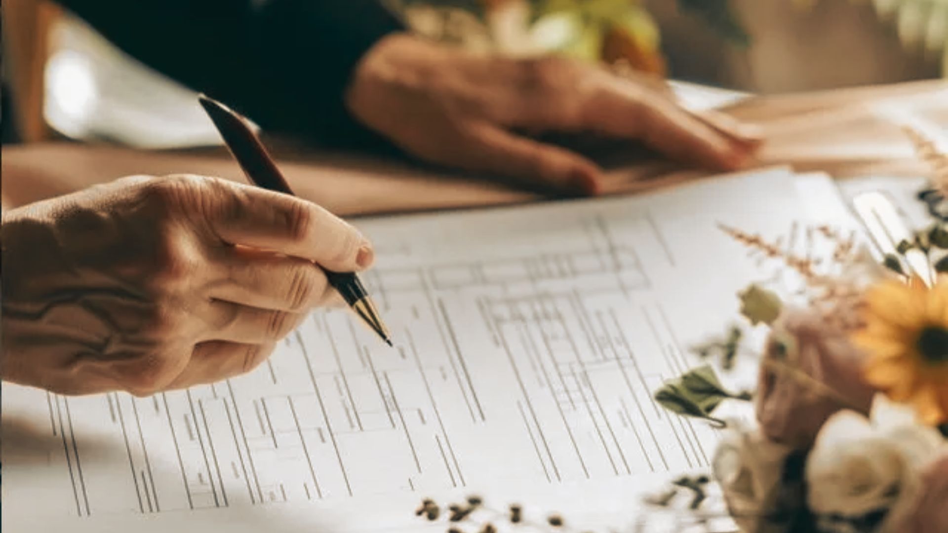A hand holds a pen over lined paper, pausing to choose the next word, with soft flowers nearby.
