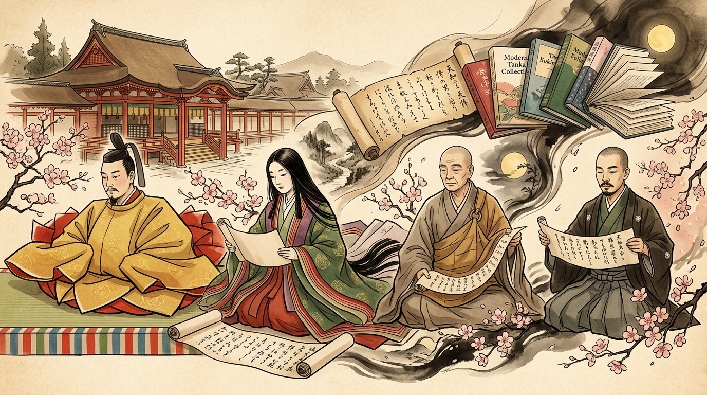 Illustration of famous tanka poets from classical and modern Japan with traditional Japanese elements.