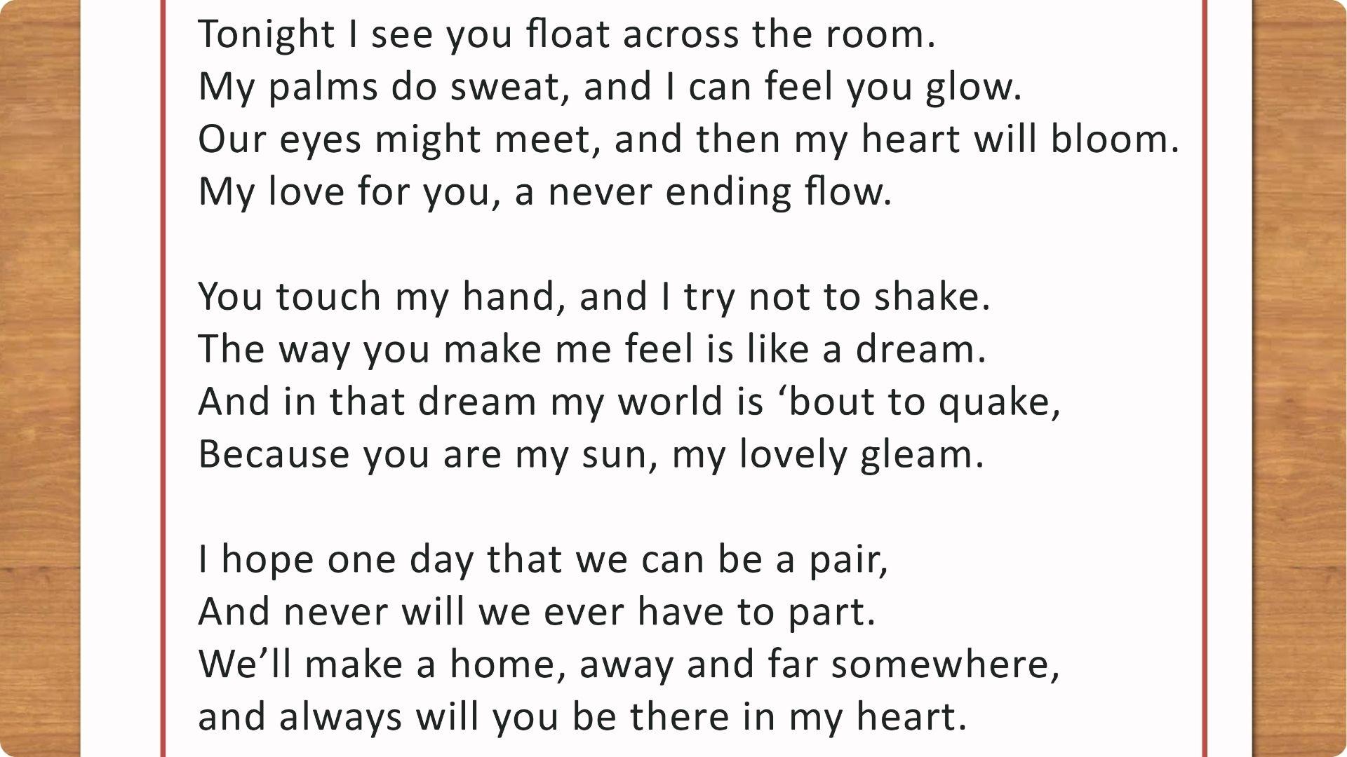 Love poem page with three quatrain stanzas about floating, touching hands, and hoping to pair.