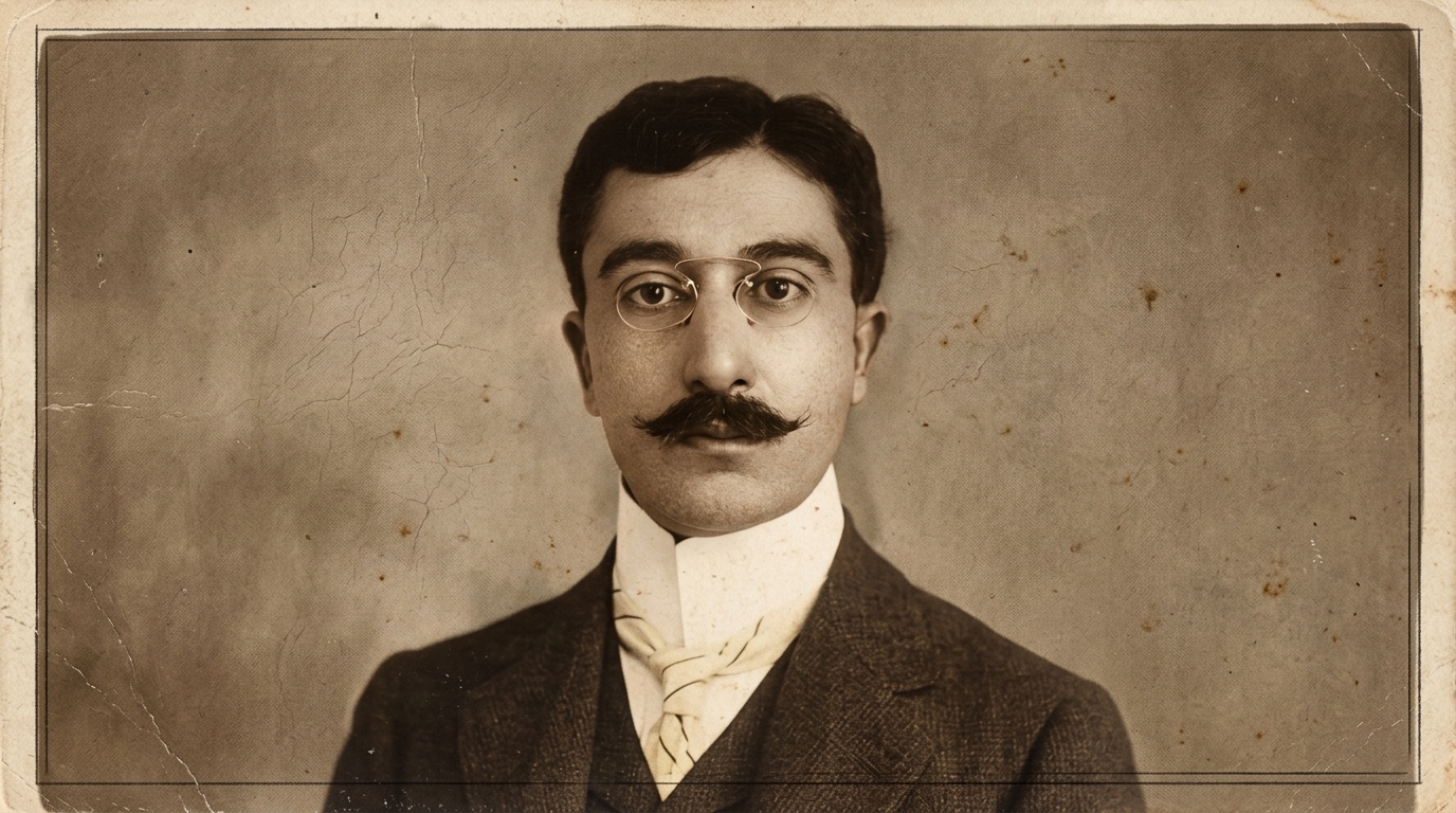 Old sepia toned photo of Constantine P. Cavafy as a young man, with round wire glasses, a thick mustache, dark hair, and a formal suit with a white collar and tie.