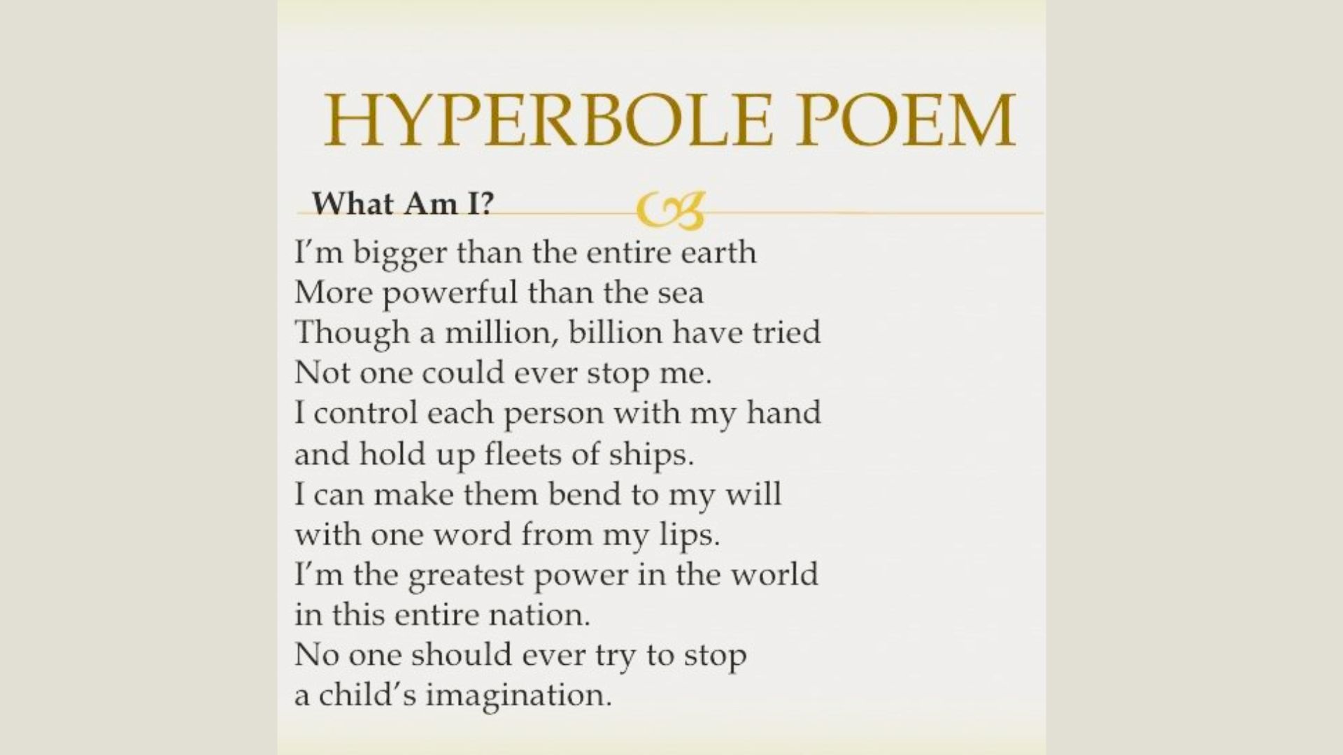 Text slide titled "HYPERBOLE POEM" with a riddle using extreme exaggeration like "bigger than the entire earth".