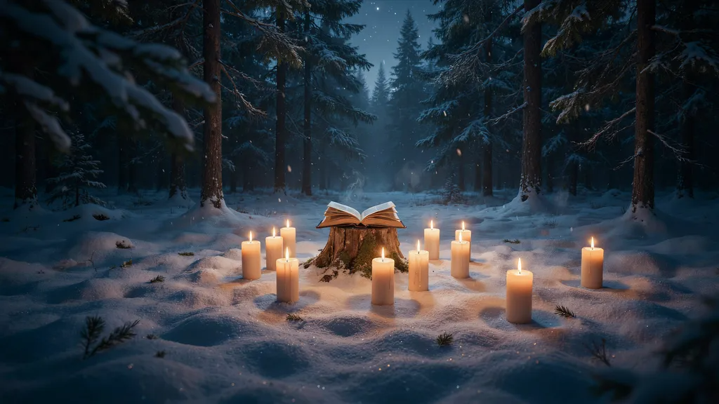 Open poetry book beside glowing candles during a peaceful winter solstice night
