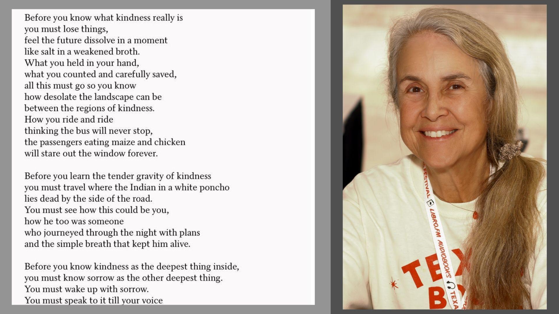Naomi Shihab Nye’s Kindness poem text beside her smiling portrait at book festival.