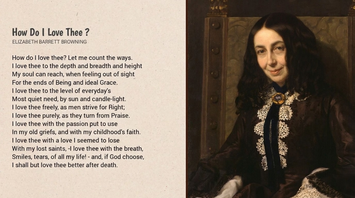 image showing Elizabeth Barrett Browning and her sonnet poem.