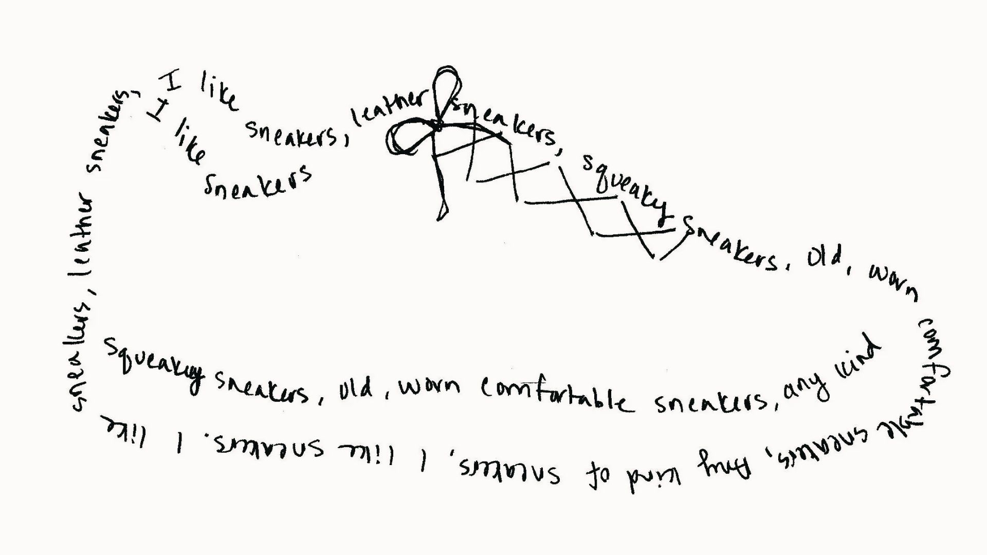 A handwritten sneaker poem forms shoe shape with laces, repeating the "I like sneakers" text.