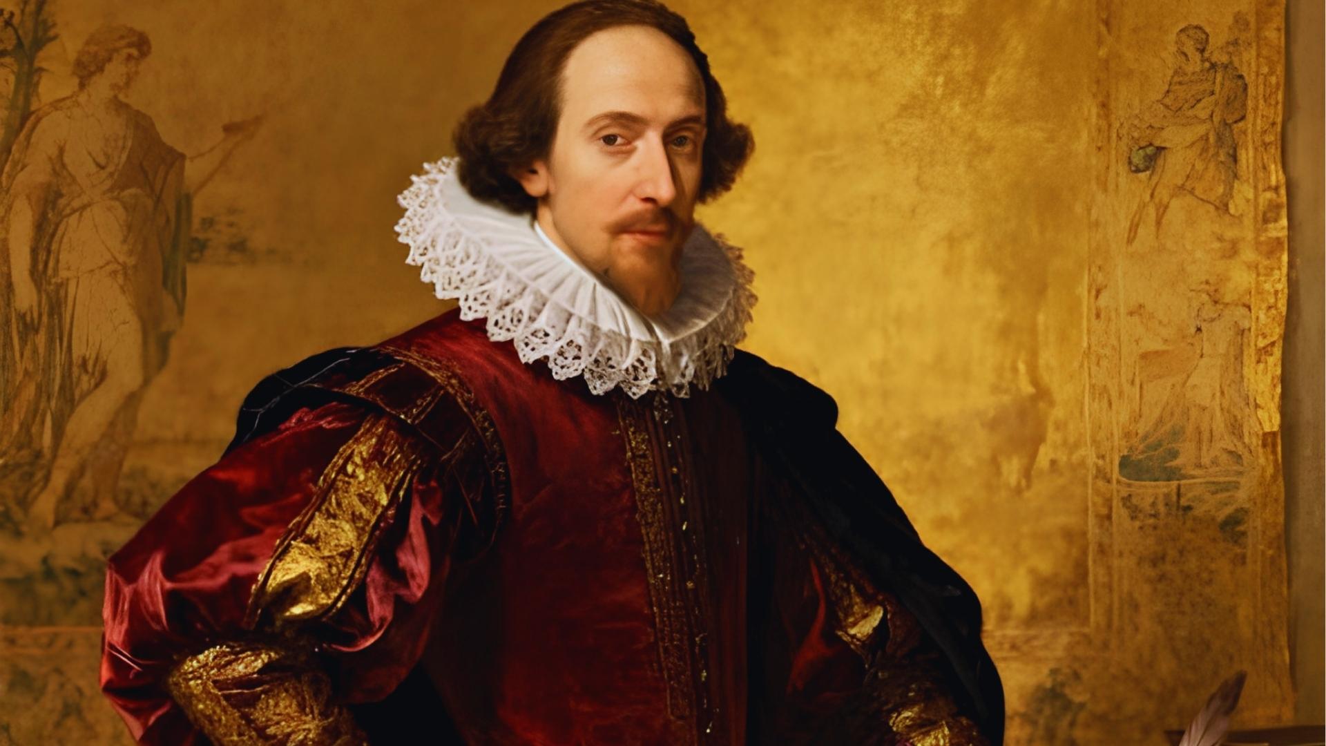 Portrait of man in William Shakespeare red and gold doublet with lace ruff, holding quill before tapestry.