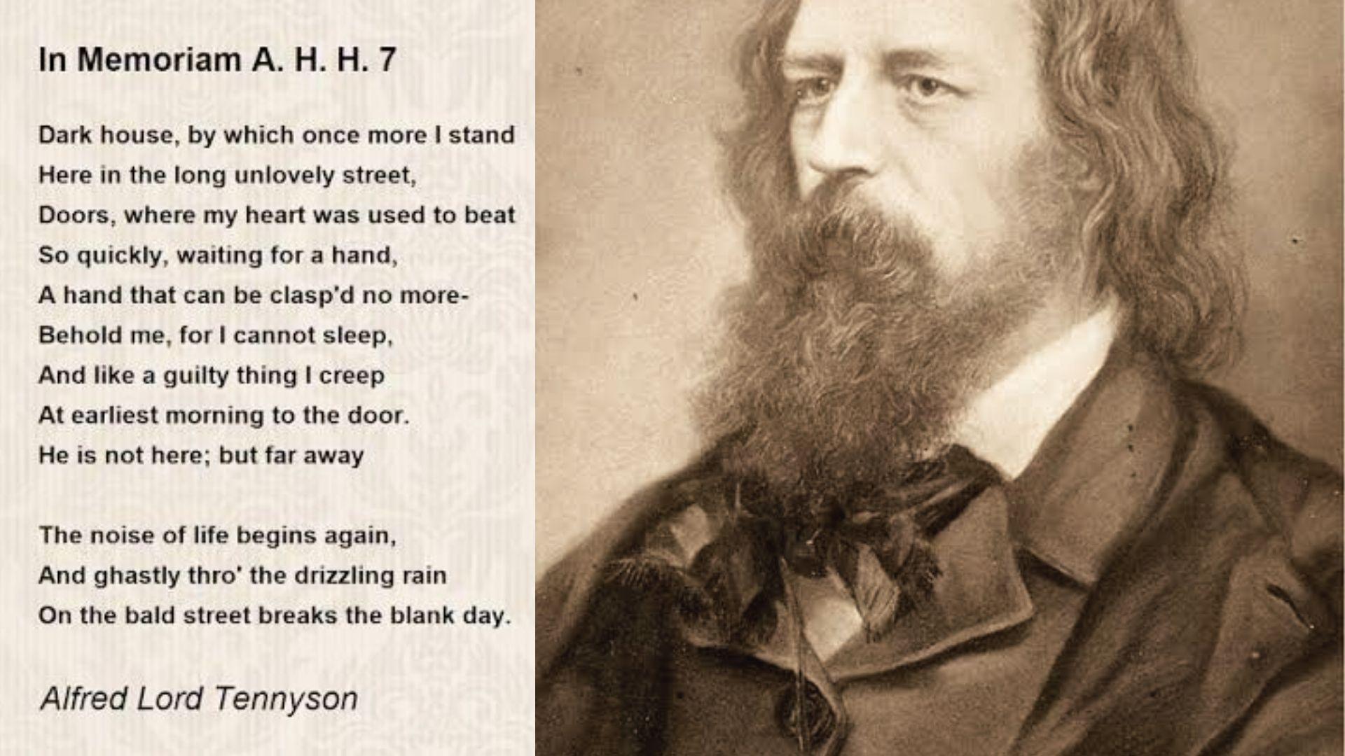 Alfred Lord Tennyson sepia portrait beside 'In Memoriam A. H. H. 7' quatrain poem on textured page.