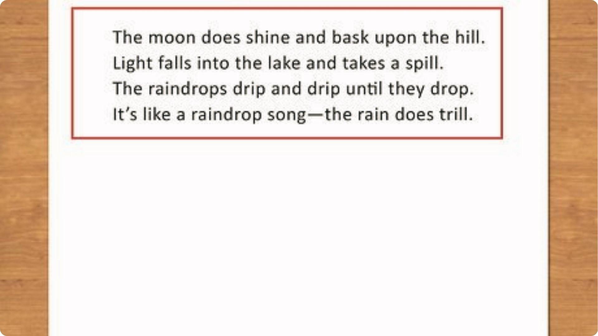 Wood-framed white page with red box showing a quatrain about moonlight, lake, and dripping raindrops.
