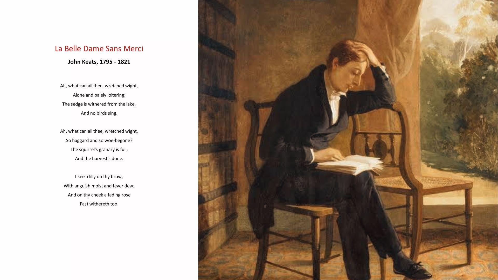 John Keats painting reading a book beside 'La Belle Dame Sans Merci' quatrain poem text on white.