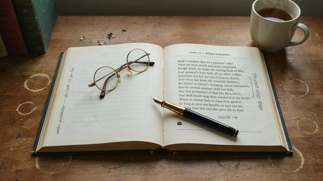 Open poetry book showing the structure of a traditional 14-line sonnet.