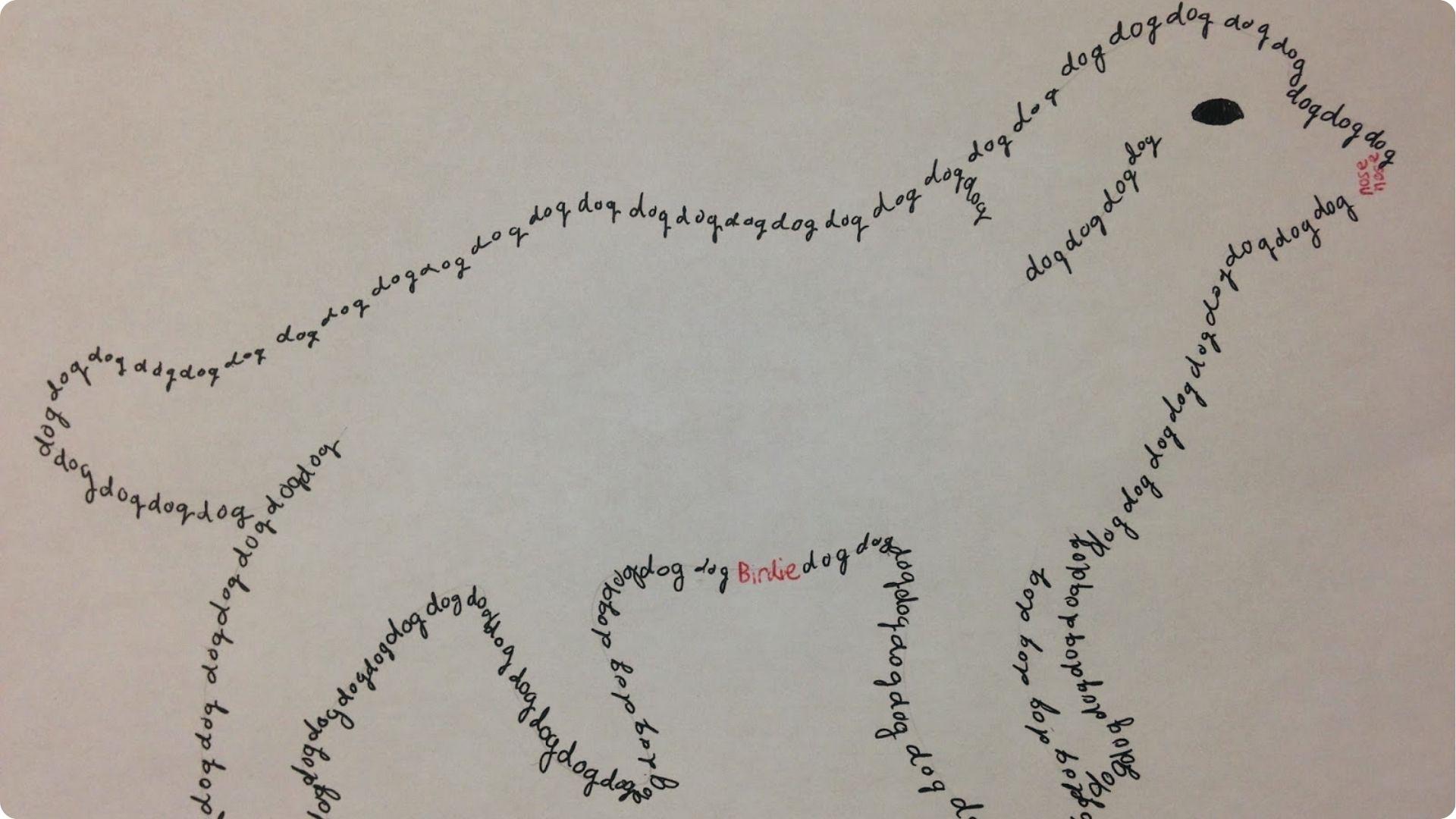 Dog outline concrete poem using repeated "dog" text, red "Birdie" at chest, black nose dot.