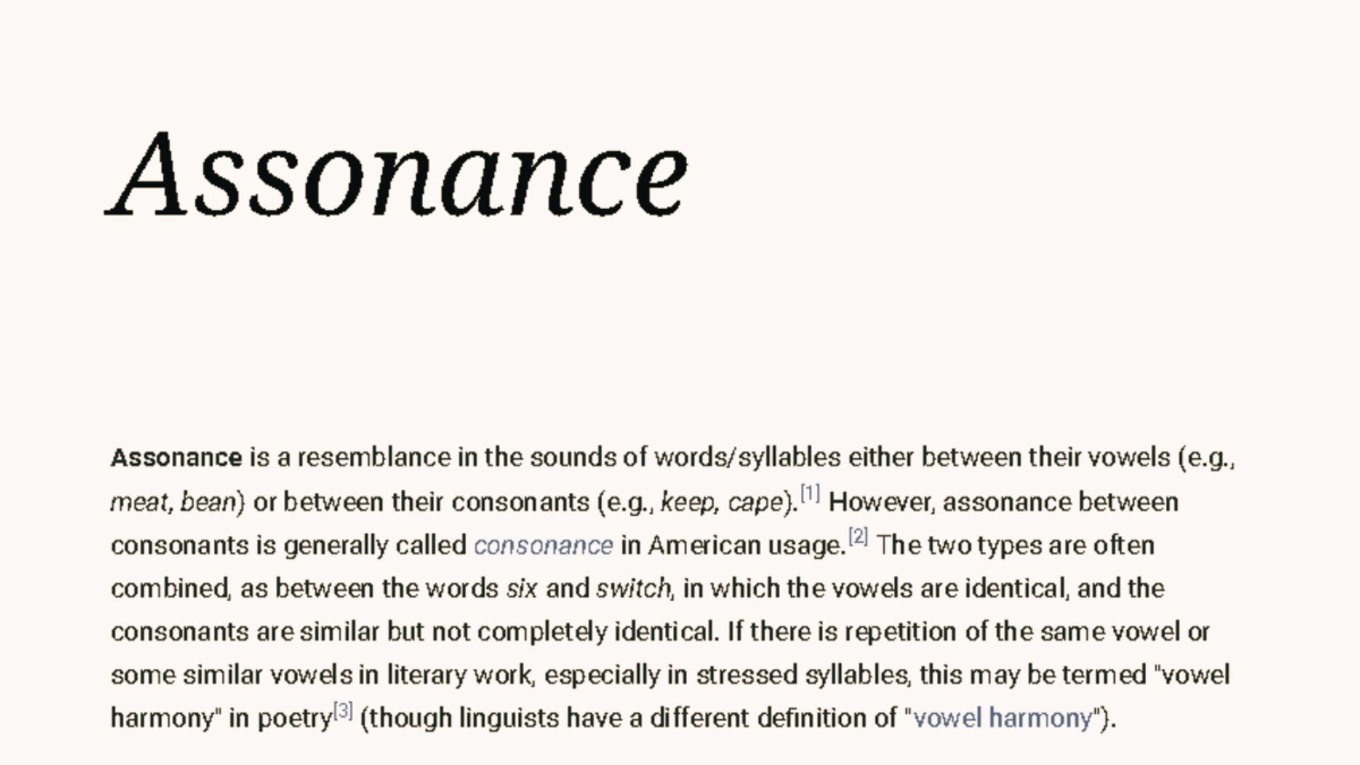 Text slide defining “Assonance” as repetition of vowel sounds, with examples like “meat, bean” and “six, switch”.