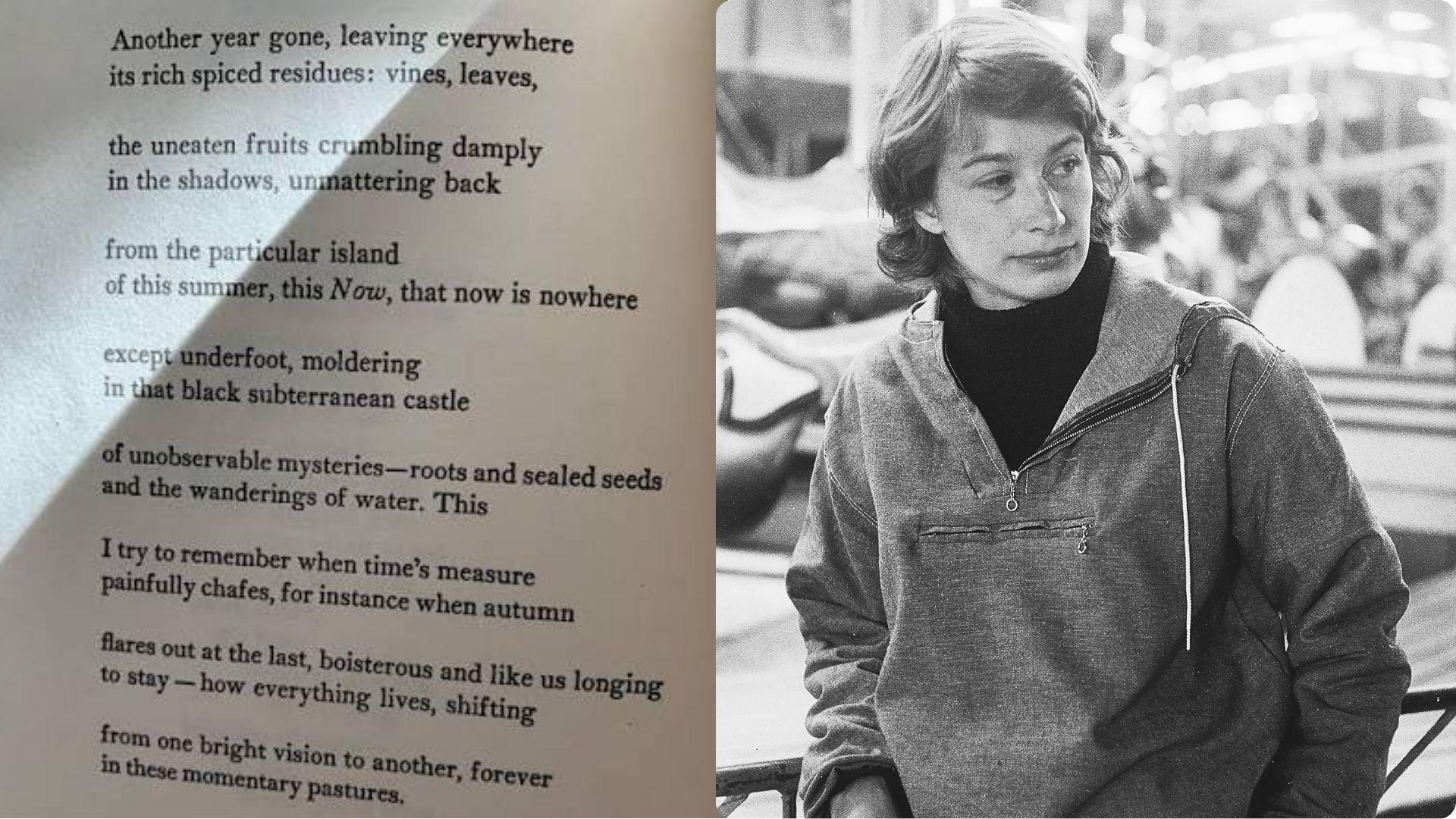 Split view of Fall Song poem text and author Mary Oliver photograph.