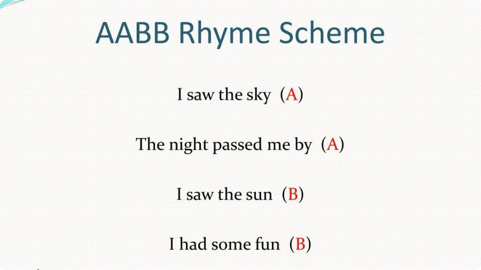 AABB rhyme scheme slide with quatrain poem lines showing sky, night, sun, fun examples.