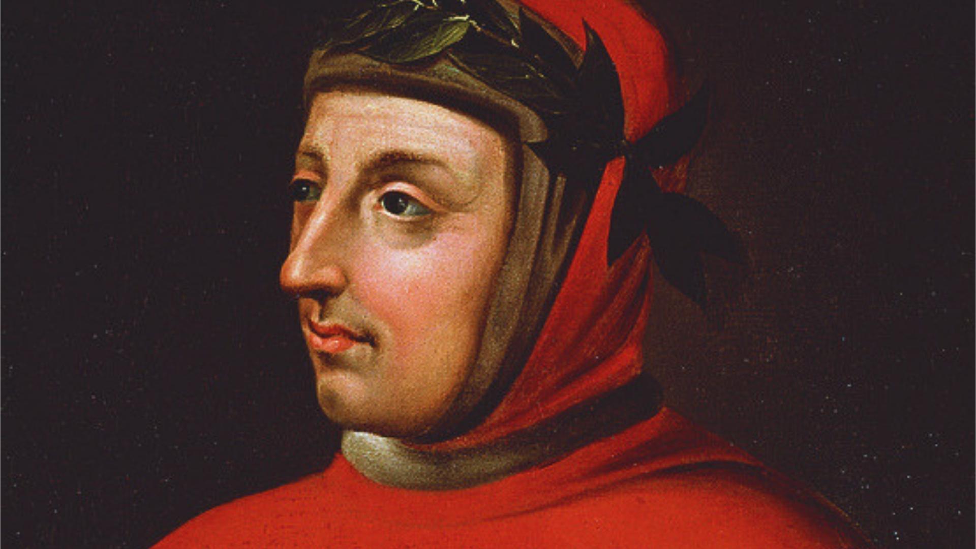 Profile portrait of Francesco Petrarch in red robes and laurel wreath headdress, painted in Renaissance style.