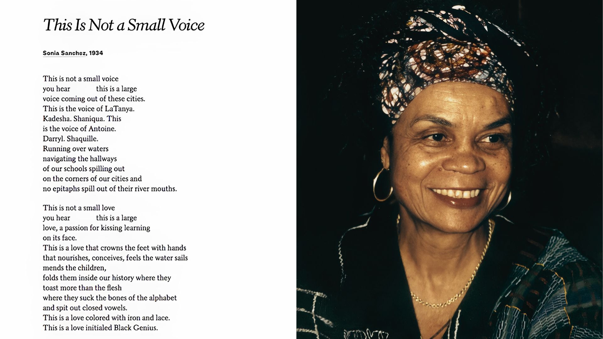 Featured poem "This Is Not a Small Voice" by Sonia Sanchez