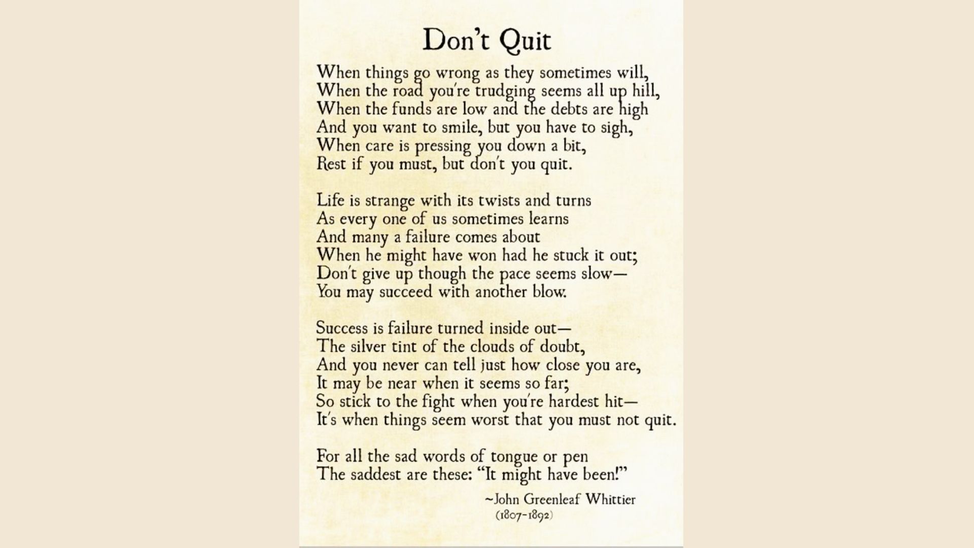 White text of the poem “Don’t Quit” over a misty, layered mountain landscape at dawn.