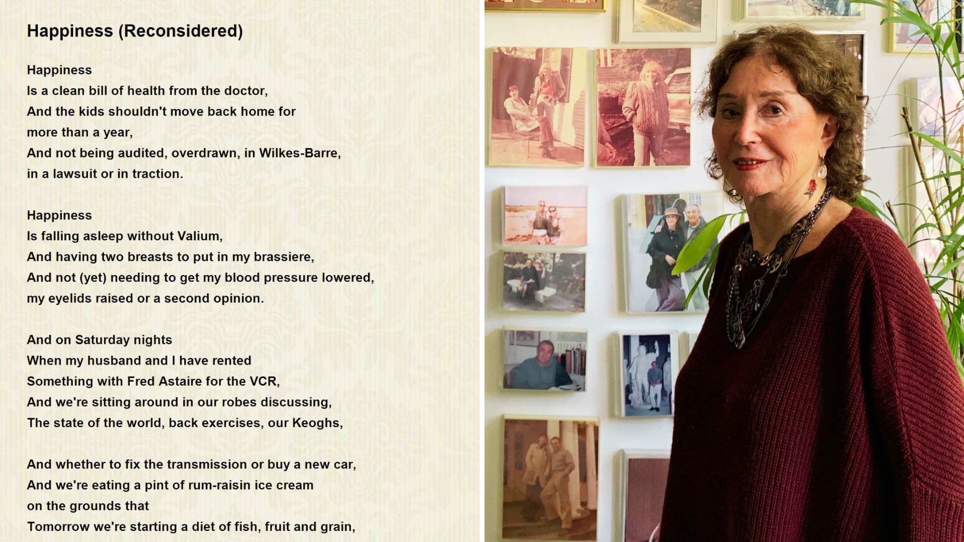 "Happiness (Reconsidered)" poem on cream paper beside a woman in a maroon sweater by a photo wall.