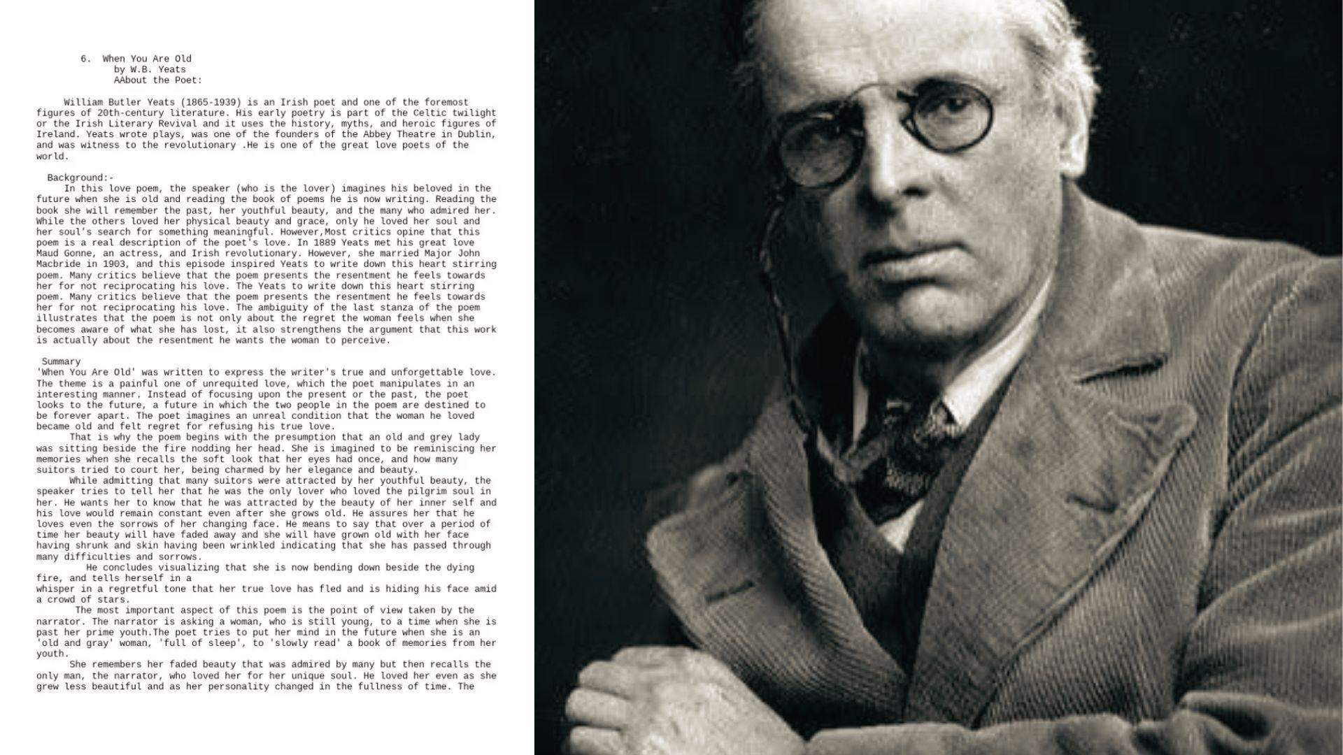 W.B. Yeats black and white portrait beside summary text of his quatrain poem 'When You Are Old'.