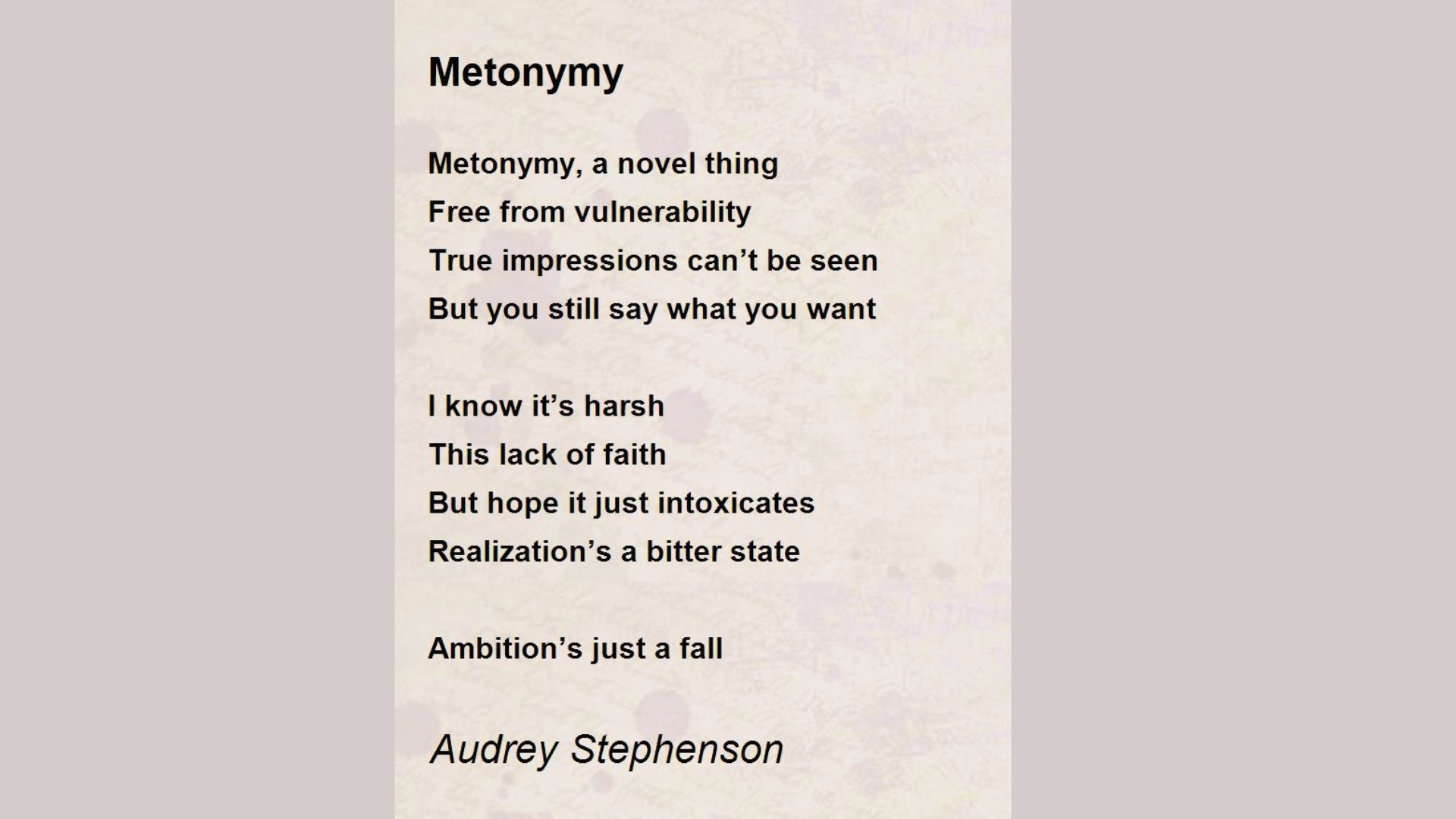A text slide titled "Metonymy" displaying a poem by Audrey Stephenson with lines like "Metonymy, a novel thing" and "Realization's a bitter state".